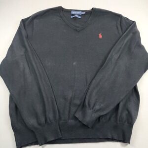 Polo Ralph Lauren Pima Cotton V Neck Sweater Black Mens XXL Red Pony